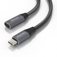 Cable Alargador USB 3.2 Aisens A107-0760/ USB Tipo-C Macho - USB Tipo-C Hembra/ Hasta 100W/ 20Gbps/ 50cm/ Gris