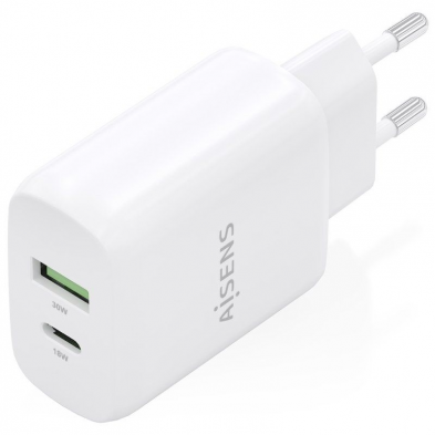 Cargador GaN de Pared Aisens A110-0923/ 1xUSB Tipo-C/ 1xUSB/ 30W/ Blanco