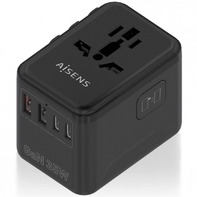 Cargador de Pared Universal GaN Aisens ASPS-2A3C09-BK/ Toma de Corriente Universal/ 3xUSB Tipo-C/ 2xUSB/ 35W