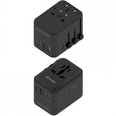 Cargador de Pared Universal GaN Aisens ASPS-2A3C09-BK/ Toma de Corriente Universal/ 3xUSB Tipo-C/ 2xUSB/ 35W