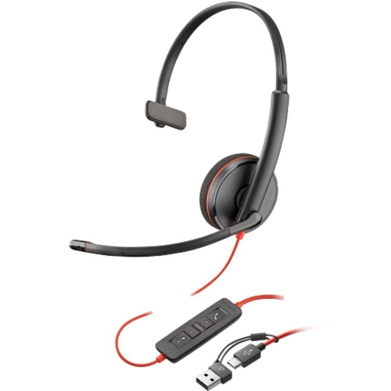 Auricular Poly Blackwire 3210 + Adaptador USB-C/A/ con Micrófono/ USB Tipo-C/ Bulk/ Negro