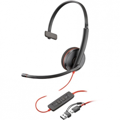 Auricular Poly Blackwire 3210 + Adaptador USB-C/A/ con Micrófono/ USB Tipo-C/ Bulk/ Negro