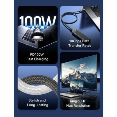 Cable USB 3.2 Tipo-C 5A Vention TRGBH/ USB Tipo-C Macho - USB Tipo-C Macho/ Hasta 100W/ 10Gbps/ 2m/ Negro