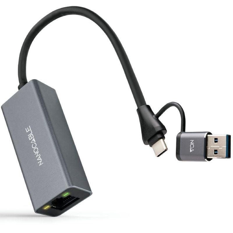 Adaptador USB Macho + USB Tipo-C Macho - RJ45 Nanocable 10.03.0411/ 1000Mbps