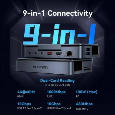 Docking USB Tipo-C para Steam Deck / Switch Vention TPZH0/ 2xHDMI 4K/ 3xUSB/ 1xUSB Tipo-C/ 1xUSB Tipo-C PD/ 1xRJ45/ 1xLector Tar