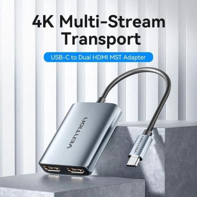 Cable Conversor Vention ACZHB/ USB Tipo-C Macho - 2x HDMI Macho/ Gris