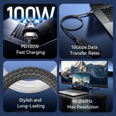Cable USB 3.2 Tipo-C 5A Vention TRGBF/ USB Tipo-C Macho - USB Tipo-C Macho/ Hasta 100W/ 10Gbps/ 1m/ Negro