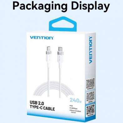 Cable USB 2.0 Tipo-C 5A Vention TRISH/ USB Tipo-C Macho - USB Tipo-C Macho/ Hasta 240W/ 480Mbps/ 2m/ Azul