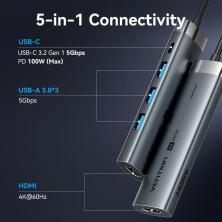 Docking USB Tipo-C Vention TGMHB/ 3xUSB/ 1xHDMI 4K/ 1xUSB Tipo-C PD/ Gris