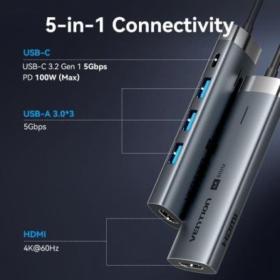 Docking USB Tipo-C Vention TGMHB/ 3xUSB/ 1xHDMI 4K/ 1xUSB Tipo-C PD/ Gris