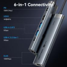 Docking USB Tipo-C Vention TGNHB/ 1xUSB 3.2 Tipo-C/ 2xUSB/ 1xHDMI 4K/ 1xRJ45/ 1xUSB Tipo-C PD/ Gris