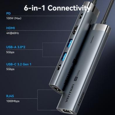 Docking USB Tipo-C Vention TGNHB/ 1xUSB 3.2 Tipo-C/ 2xUSB/ 1xHDMI 4K/ 1xRJ45/ 1xUSB Tipo-C PD/ Gris
