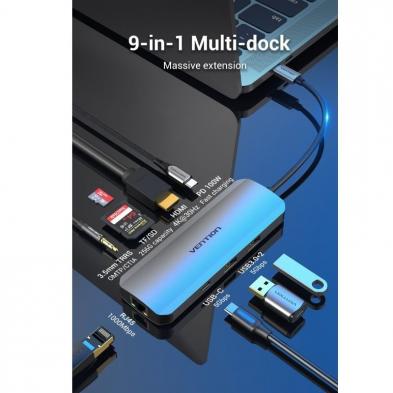 Docking USB Tipo-C Vention TOMHB/ 1xHDMI 4K/ 2xUSB/ 1xUSB Tipo-C/ 1xUSB Tipo-C PD/ 1xRJ45/ 1xLector Tarjetas SD y MicroSD/ Jack 
