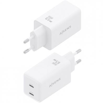 Cargador de Pared GaN Aisens ASCH-65W2P078-W/ 2xUSB Tipo-C/ 65W/ Blanco