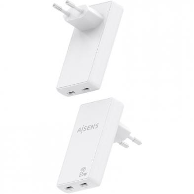 Cargador de Pared GaN Aisens ASCH-65W2P077-W/ 2xUSB Tipo-C/ 65W/ Blanco