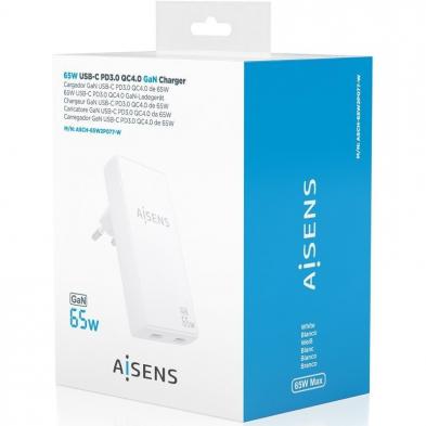 Cargador de Pared GaN Aisens ASCH-65W2P077-W/ 2xUSB Tipo-C/ 65W/ Blanco
