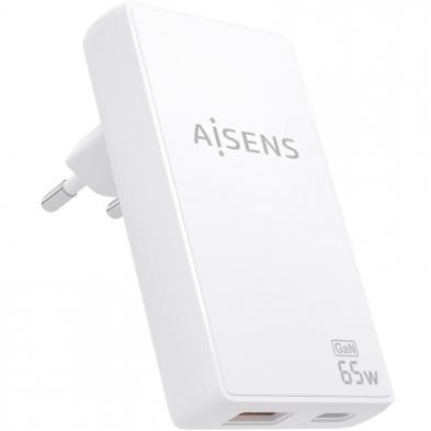 Cargador de Pared GaN Aisens ASCH-65W2P076-W/ 1xUSB Tipo-C/ 1xUSB/ 65W/ Blanco