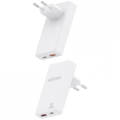 Cargador de Pared GaN Aisens ASCH-65W2P076-W/ 1xUSB Tipo-C/ 1xUSB/ 65W/ Blanco