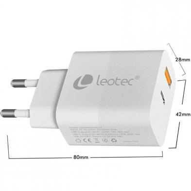 Cargador de Pared Leotec LECSPH20W2W2/ 1xUSB Tipo-C/ 1xUSB/ 20W