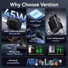 Cargador de Pared GaN Vention FEFB0-EU/ 2xUSB Tipo-C/ 45W