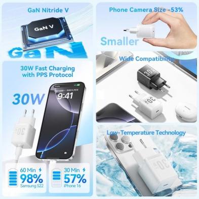 Cargador de Pared GaN Vention FEZW0-EU/ 1xUSB Tipo-C/ 30W