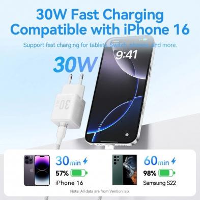 Cargador de Pared GaN Vention FEZW0-EU/ 1xUSB Tipo-C/ 30W