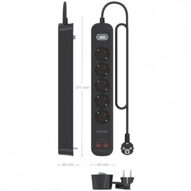 Regleta con Interruptor Aisens ASPS-2A2C15-BK/ 5 Tomas de Corriente/ 2 USB - 2 USB Tipo-C/ Cable 1.4m/ Negro