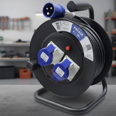 Regleta enrollable Phasak BN 3475/ 2 Enchufe industrial 2P+TT/ Cable 25m/ Negro y Azul