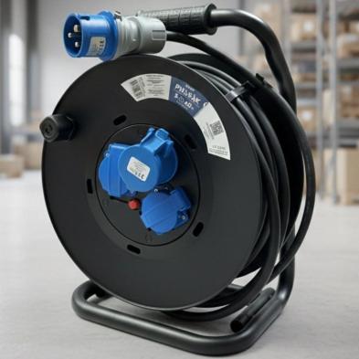 Regleta enrollable Phasak BN 3478/ 2 Tomas de corriente/ 1 Enchufe industrial 2P+TT/ Cable 40m/ Negro y Azul