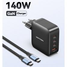 Cargador de Pared GaN Vention FEIB0-EU/ 3xUSB Tipo-C + Cable USB Tipo-C/ 1xUSB/ 140W