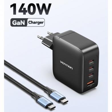 Cargador de Pared GaN Vention FEIB0-EU/ 3xUSB Tipo-C + Cable USB Tipo-C/ 1xUSB/ 140W