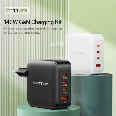 Cargador de Pared GaN Vention FEIW0-EU/ 3xUSB Tipo-C + Cable USB Tipo-C/ 1xUSB/ 140W
