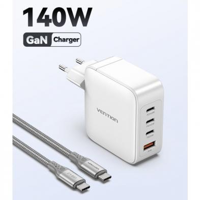 Cargador de Pared GaN Vention FEIW0-EU/ 3xUSB Tipo-C + Cable USB Tipo-C/ 1xUSB/ 140W