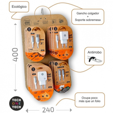 Expositor de Cargadores GaN y Cables Tech One Tech EKO 400801/ 4 ganchos/ Incluye 16 Productos
