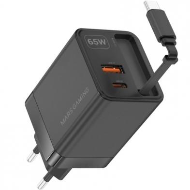 Cargador de Pared GaN Mars Gaming MD-GAN65R/ 1xUSB Tipo-C/ 1xUSB/ 65W/ Negro