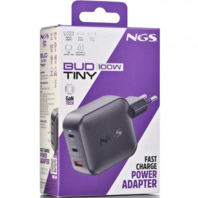 Cargador de Pared GaN NGS BUD100WTINY 100W/ 2xUSB Tipo-C/ 1xUSB/ 100W