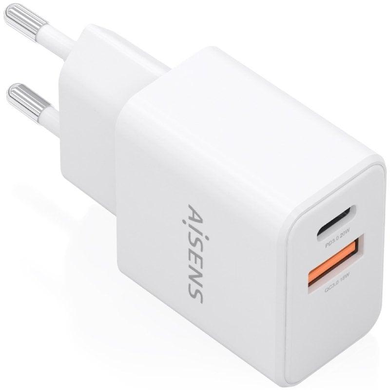 Cargador de Pared GaN Aisens A110-1025/ 1xUSB Tipo-C/ 1xUSB/ 20W/ Blanco