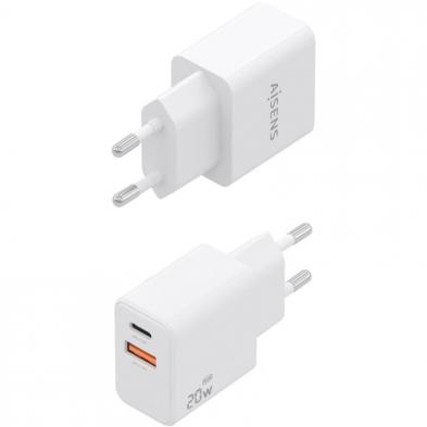 Cargador de Pared GaN Aisens A110-1025/ 1xUSB Tipo-C/ 1xUSB/ 20W/ Blanco