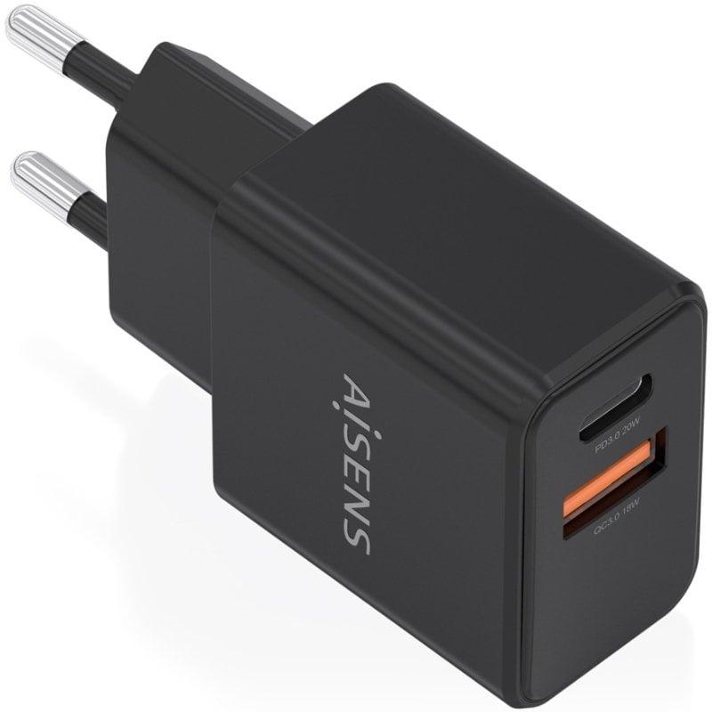 Cargador de Pared GaN Aisens A110-1026/ 1xUSB Tipo-C/ 1xUSB/ 20W/ Negro