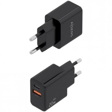 Cargador de Pared GaN Aisens A110-1026/ 1xUSB Tipo-C/ 1xUSB/ 20W/ Negro