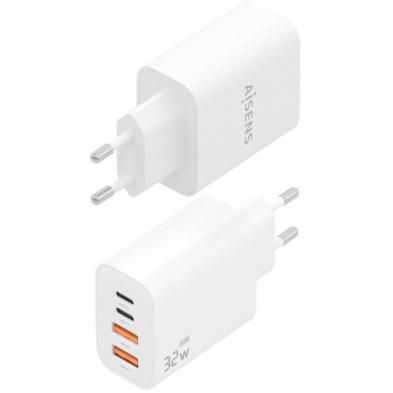 Cargador de Pared GaN Aisens A110-1027/ 2xUSB Tipo-C/ 2xUSB/ 32W/ Blanco