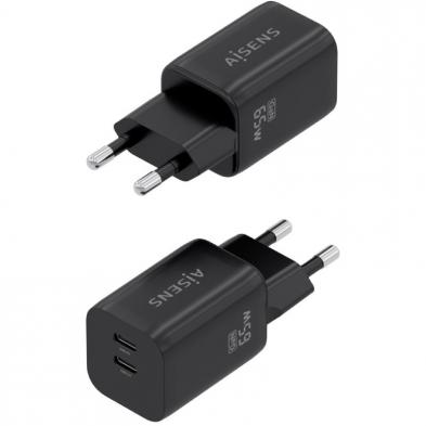 Cargador de Pared GaN Aisens A110-1030/ 2xUSB Tipo-C/ 65W/ Negro