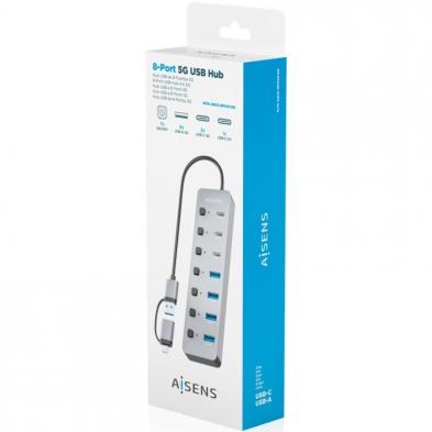 Hub USB Tipo-C + USB 3.1 Aisens ASUC-8P043-GR/ 4xUSB/ 3xUSB Tipo-C/ 1xUSB Tipo-C PD/ Gris