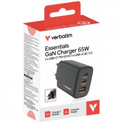 Cargador de Pared GaN Verbatim Essentials/ 2xUSB Tipo-C/ 1xUSB/ 65W
