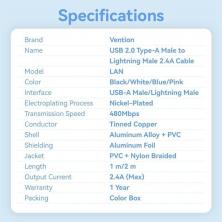 Cable USB Lightning Vention LANBH/ USB Macho - Lightning Macho/ 480Mbps/ 2m/ Negro