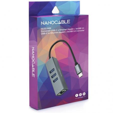 Hub USB 3.0 Tipo-C Nanocable 10.03.0408/ 3 Puertos USB/ 1 RJ45/ Gris - Imagen 3